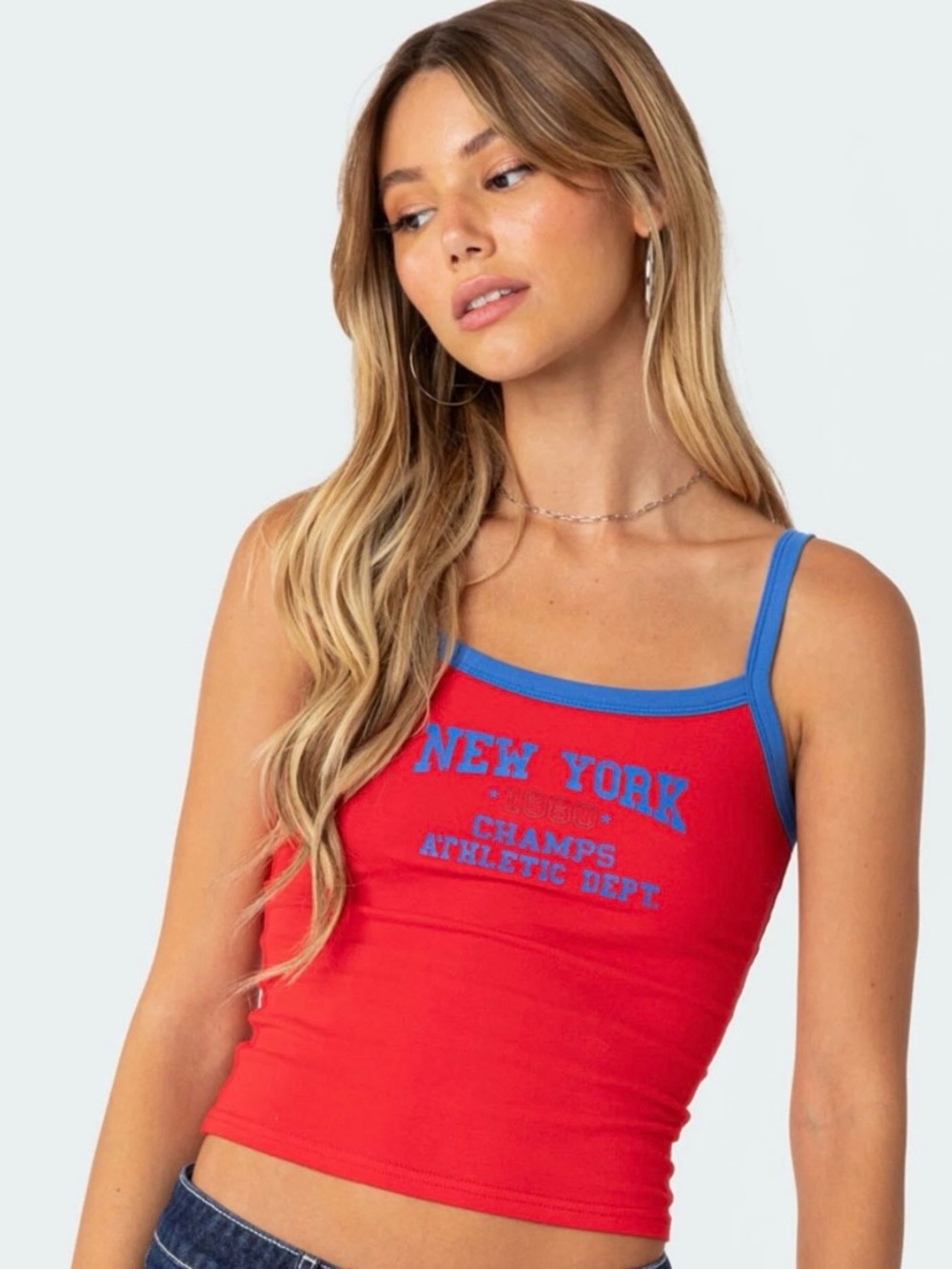 Edikted Red Tank Top with Blue Trim